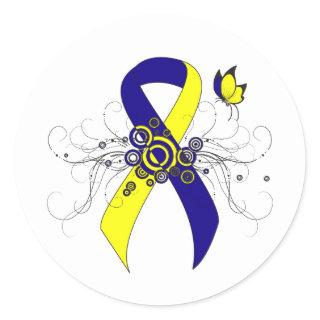 Blue and Yellow Awareness Ribbon with Butterfly Classic Round Sticker