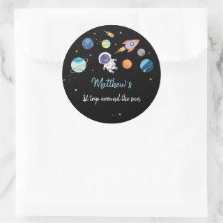 Blue Astronaut Outer Space First Birthday Classic Round Sticker