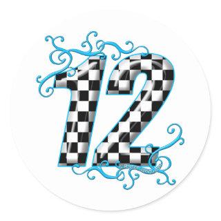 Blue auto racing number 12 classic round sticker
