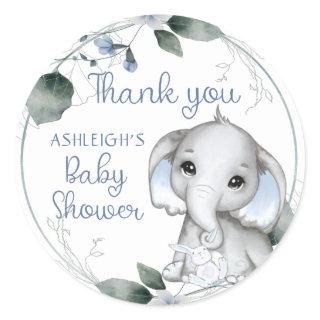 Blue Baby Shower Elephant Watercolor Thank You Classic Round Sticker