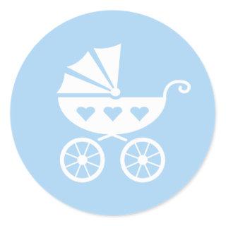 Blue baby shower stickers with cute stroller buggy