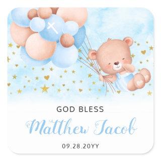 Blue Baptism Teddy Bear Thank You Baptism Favors Square Sticker