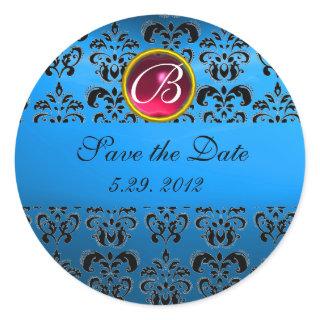 BLUE BLACK DAMASK MONOGRAM ,red ruby sapphire Classic Round Sticker