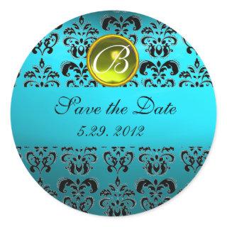 BLUE BLACK DAMASK MONOGRAM ,turquase yellow Classic Round Sticker