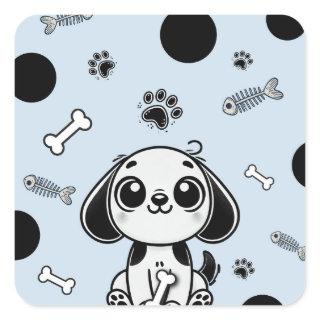 Blue & Black Fish Bones Puppy Dog Birthday Party  Square Sticker