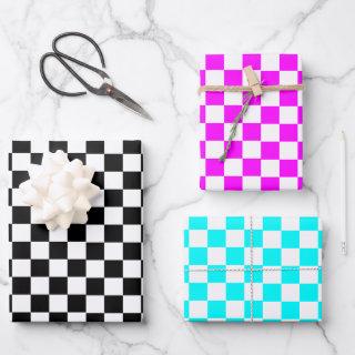 Blue Black Pink Retro Chess Checker Pattern  Sheets