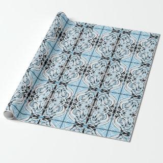 Blue Black White Curly Abstract Repeat Pattern
