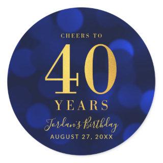 Blue Bokeh Gold Cheers to 40 Years Birthday Classic Round Sticker