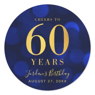 Blue Bokeh Gold Cheers to 60 Years Birthday Classic Round Sticker