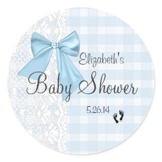 Blue Bow, White Lace and Blue Gingham Baby Shower- Classic Round Sticker