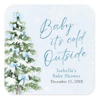 Blue Bows Boy Baby It's Cold Outside Baby Shower Square Sticker