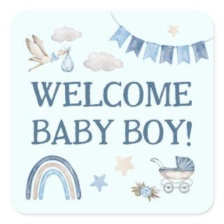 Blue Boy Baby On Board Cute Stork Watercolor Square Sticker