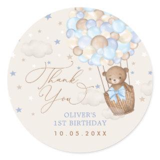 Blue Brown Teddy Bear Hot Air Balloon Birthday Boy Classic Round Sticker