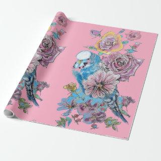 Blue Budgie Roses art flowers Watercolor Wrapping