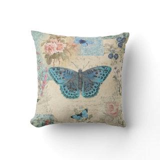 Blue Butterfly Floral Script Ephemera Cottagecore Throw Pillow