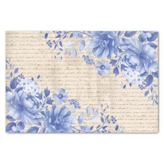 Blue Chinoiserie Floral Old Handwriting Decoupage Tissue Paper