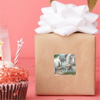 Blue Cottage Bike with Spring Flower Basket Square Sticker