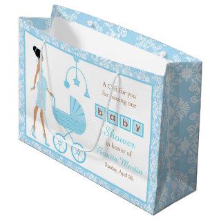 Blue Damask African American Woman Baby Shower Large Gift Bag