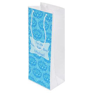 Blue Damask Baby Boy Name Personalized Wine Gift Bag