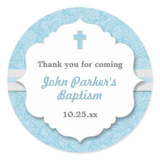 Blue Damask cross boy baptism christening favor Classic Round Sticker
