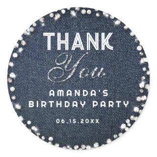 Blue Denim Diamonds Glitter Rhinestones Thank You Classic Round Sticker