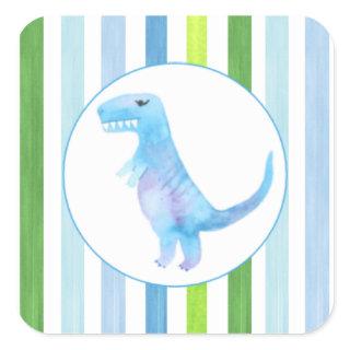 Blue Dinosaur and Stripes Square Sticker