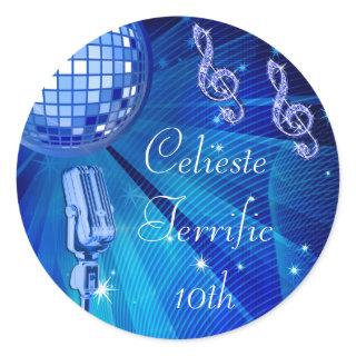 Blue Disco Ball and Retro Microphone 10th Birthday Classic Round Sticker