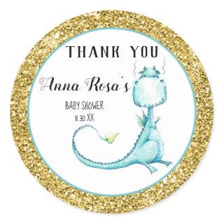 *~* Blue Dragon Glitter Baby Shower Thank You Classic Round Sticker