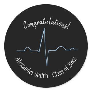 Blue Electrocardiogram Personalized Graduation  Classic Round Sticker