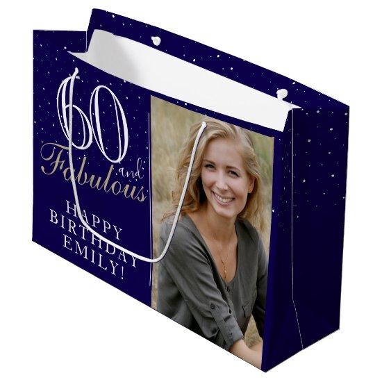 Blue Elegant 60 and Fabulous 60th Birthday Photo Large Gift Bag