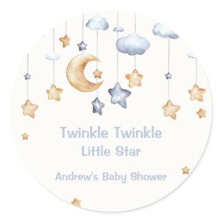 Blue Elegant Twinkle Twinkle Baby Shower Classic Round Sticker