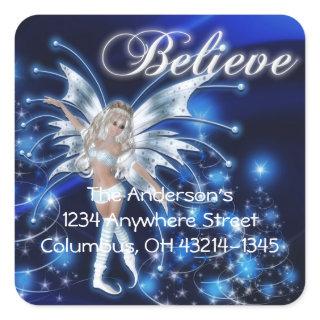 Blue Fairy/Fae 2 Christmas Fantasy Address Square Sticker