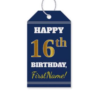 Blue, Faux Gold 16th Birthday + Custom Name Gift Tags