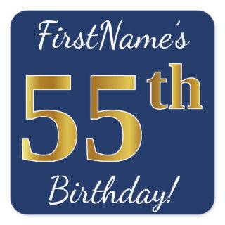 Blue, Faux Gold 55th Birthday + Custom Name Square Sticker