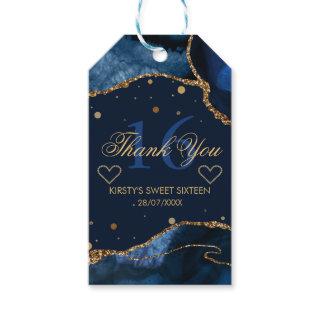 Blue & Faux Gold Glitter Agate Sweet 16 Thank You Gift Tags