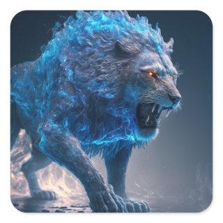 Blue Flames Fire Lion Square Sticker