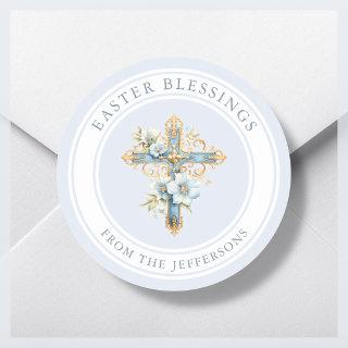 Blue Floral Cross Religious Easter Blessings  Classic Round Sticker