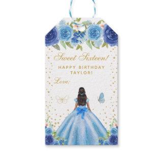 Blue Floral Dark Skin Princess Sweet Sixteen Gift Tags