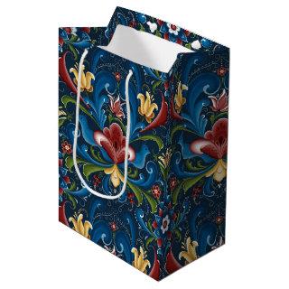 Blue Floral Scandinavian Folk Art Pattern Medium Gift Bag