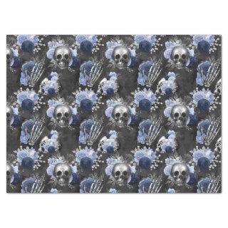 Blue Floral Skulls and Hands Dark Grey Decoupage Tissue Paper