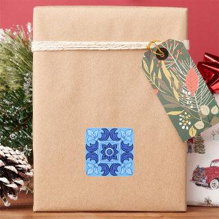 Blue Floral Tile Pattern Vintage Mediterranean  Square Sticker