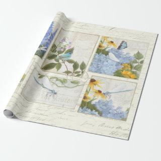 Blue Flowers Sunflowers Dragonfly Script Decoupage