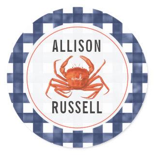 Blue Gingham Crab Wedding Classic Round Sticker