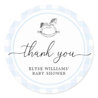 Blue Gingham Rocking Horse Shower Favor Sticker