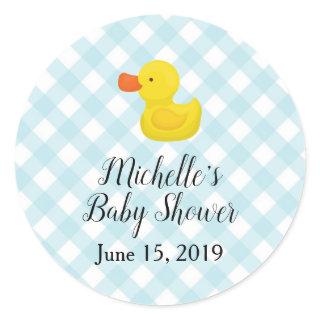 Blue Gingham Rubber Duckie Baby Shower Classic Round Sticker