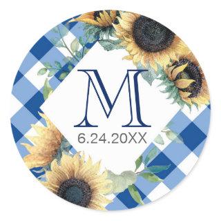 Blue Gingham Sunflower Thank You Classic Round Sticker