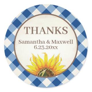 Blue Gingham Sunflower Thank You Classic Round Sticker