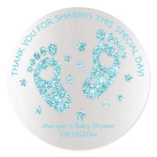 Blue Glitter Feet Baby Shower Favor Thank Classic Round Sticker