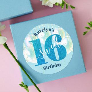 Blue Glitter Sweet 16 Birthday Balloons Script Classic Round Sticker