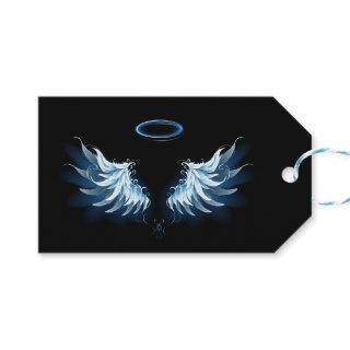 Blue Glowing Angel Wings on black background Gift Tags